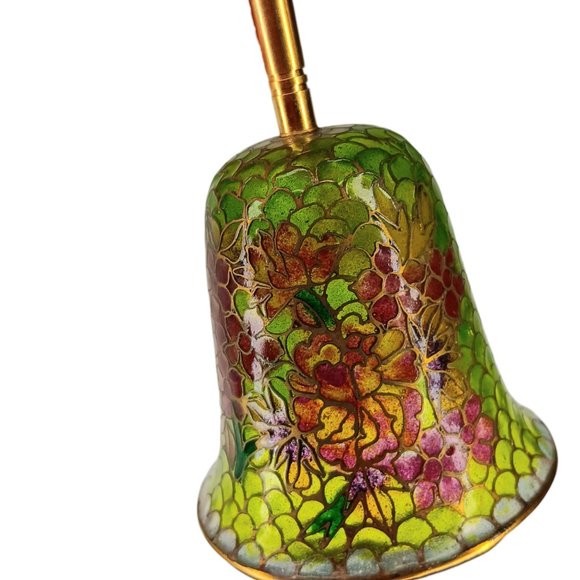 Plique-à-Jour Green Glass Bell Red Flowers Translucent Cloisonne Style - Picture 7 of 11